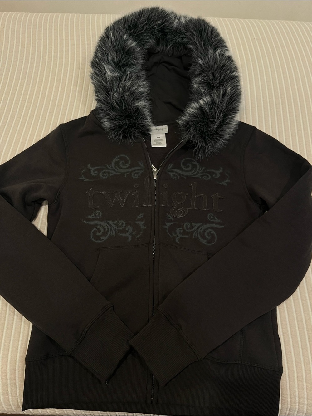 Twilight Women’s Black Hooded Faux-Fur Trim Zip Jacket